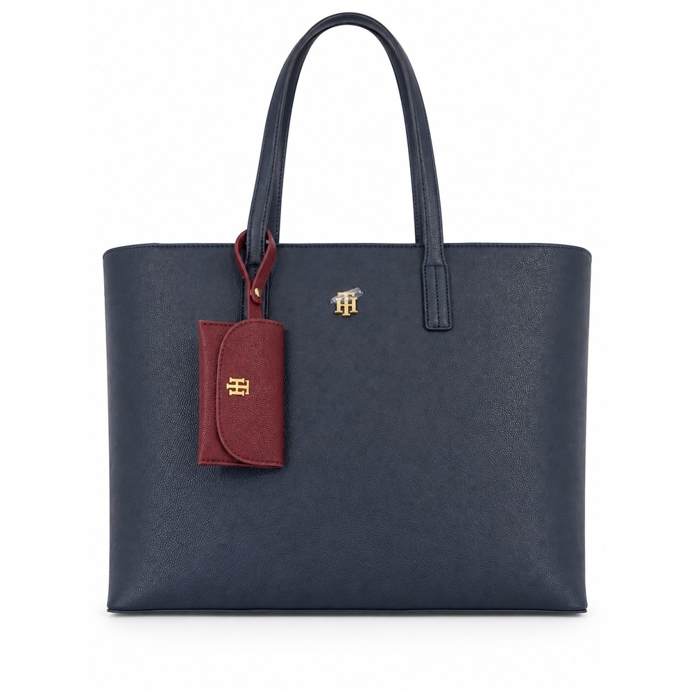 Tommy Hilfiger Navy Blue Faux Leather Tote Bag with Pouch XW09182 400 CIK